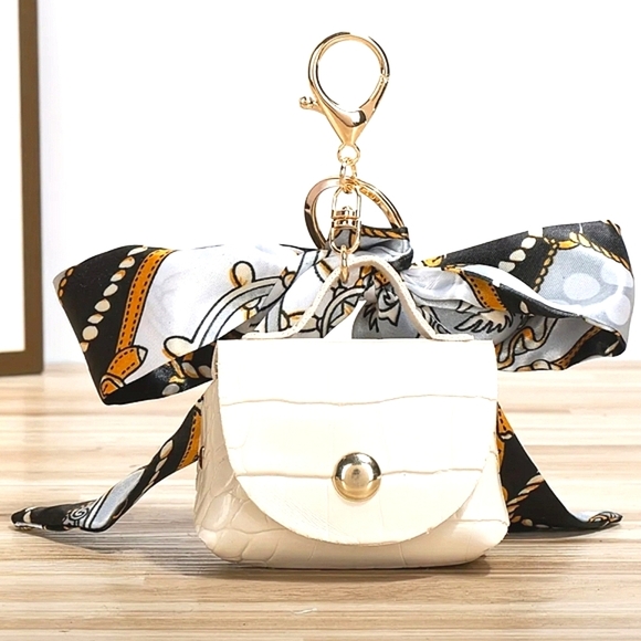 White Mini Bag with Gold Hardware and Scarf Accent A Handbag Charm - Picture 1 of 3